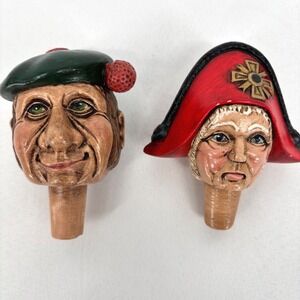 Vintage Ceramic Hand Painted Bottle Stopper Set of 2 Golfer Ship Captain 3.5 in